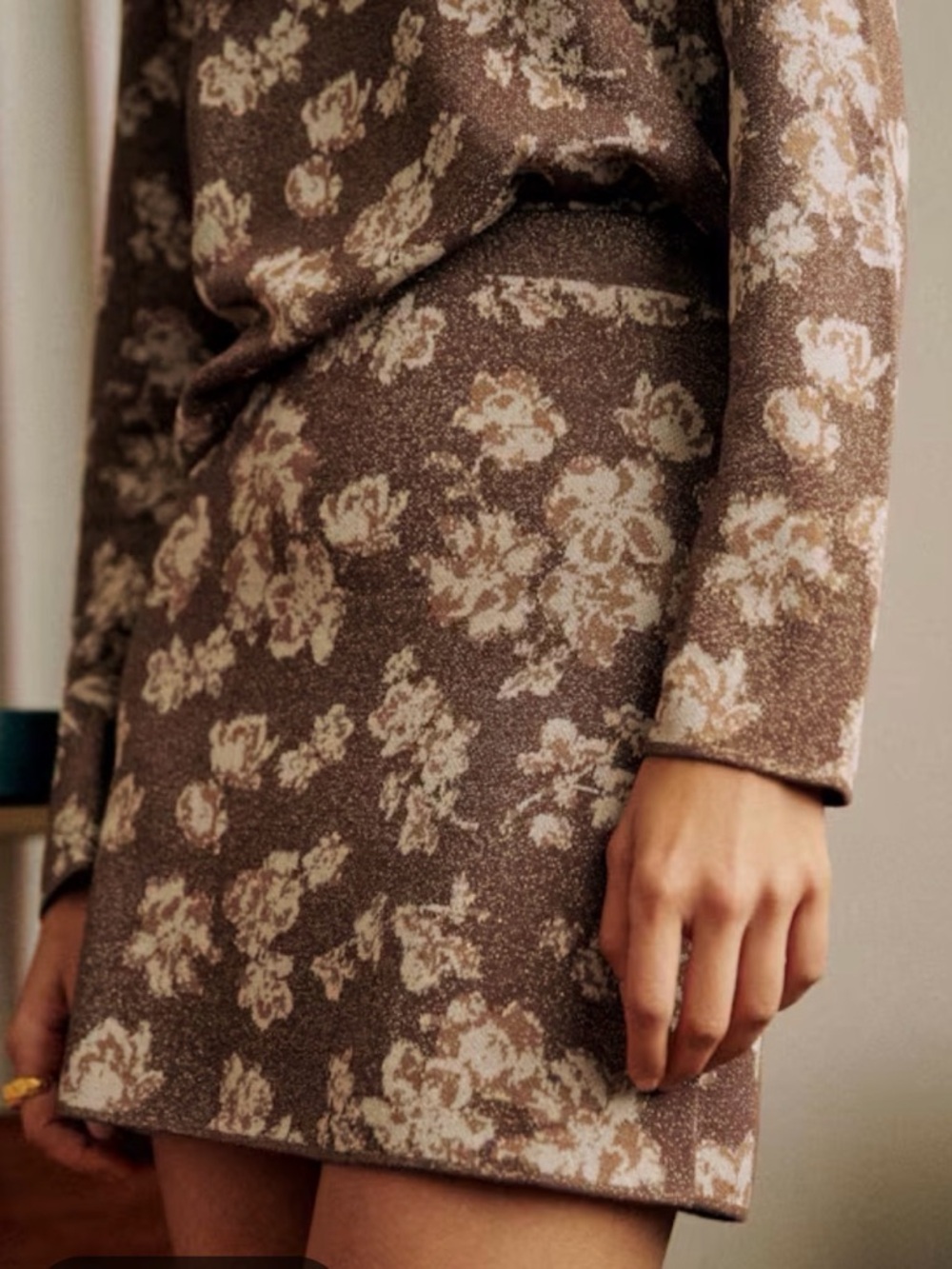 Sezane Brown and Cream Floral Knit Skirt